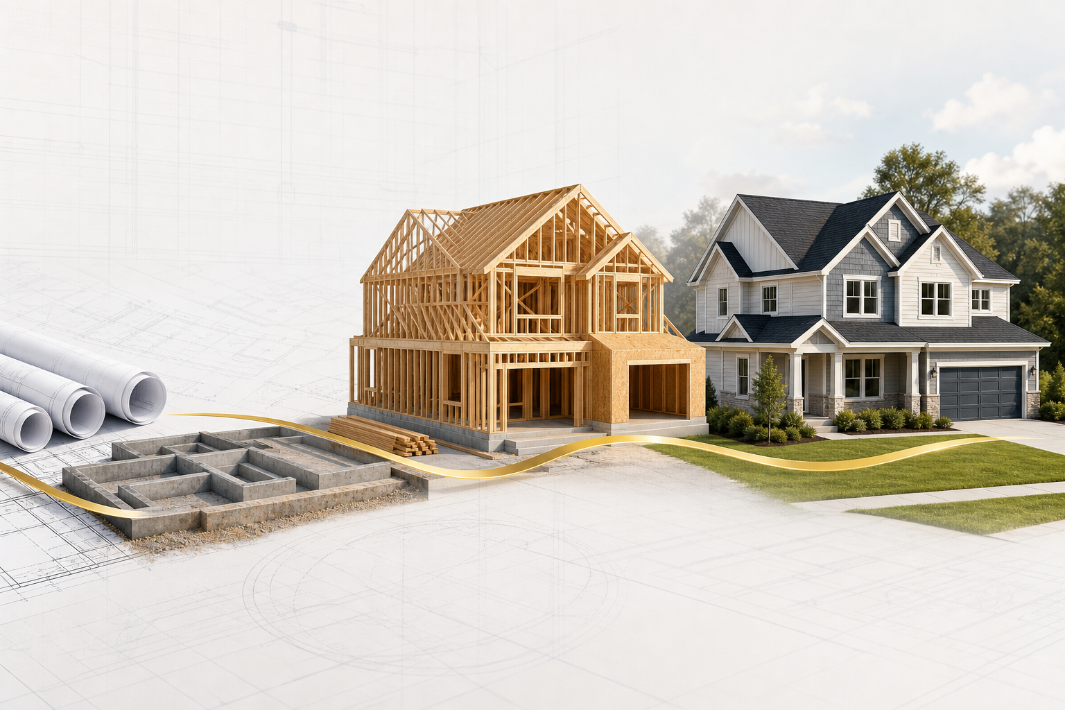 Architectural plans, foundation, framing, and completed house shown in four connected panels