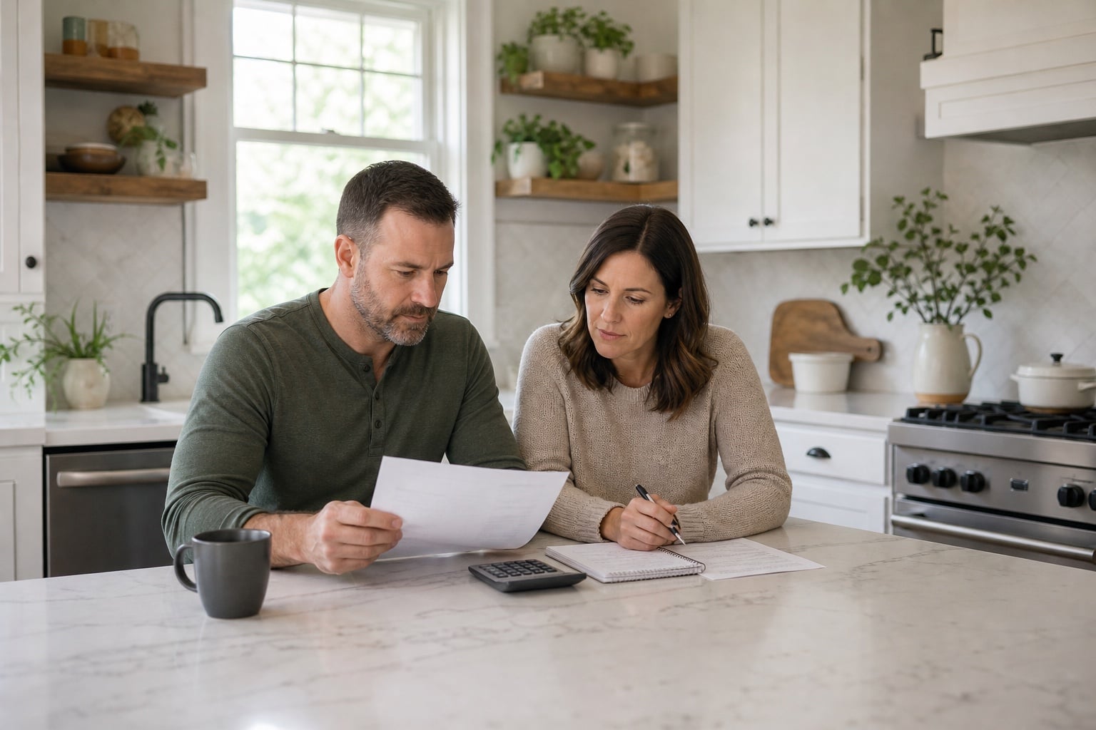 Compare written VA mortgage rate and cost estimates Older couple at a kitchen island with a calculator, printed estimate, and handwritten notes
