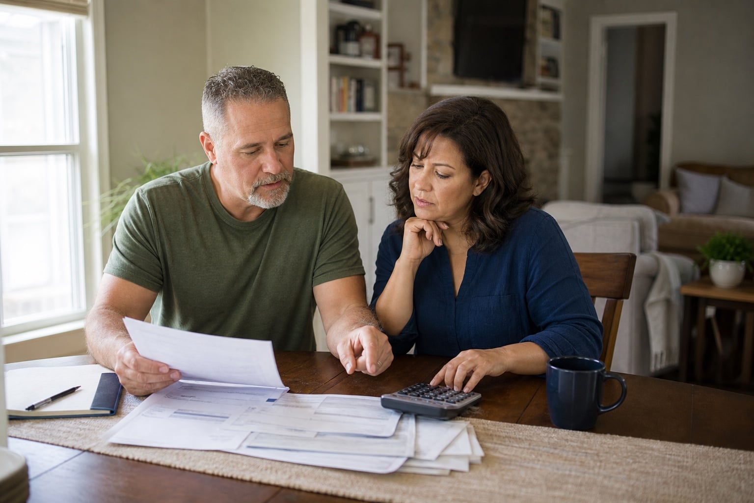 Older couple at home reviewing a statement and handwritten figures