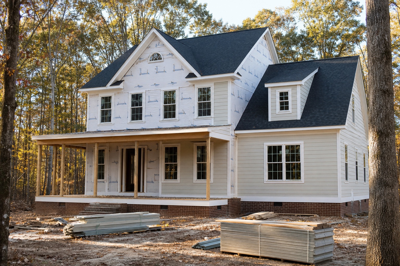 Virginia VA one-time-close construction loans Virginia colonial-style home under construction with roof, windows, and partial siding installed